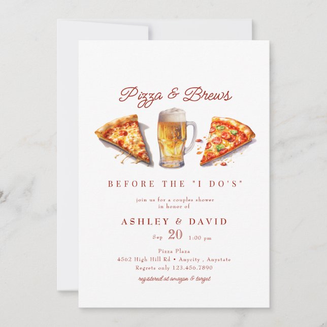 Pizza & Beer | Watercolor Couples Shower  Invitation (Front)