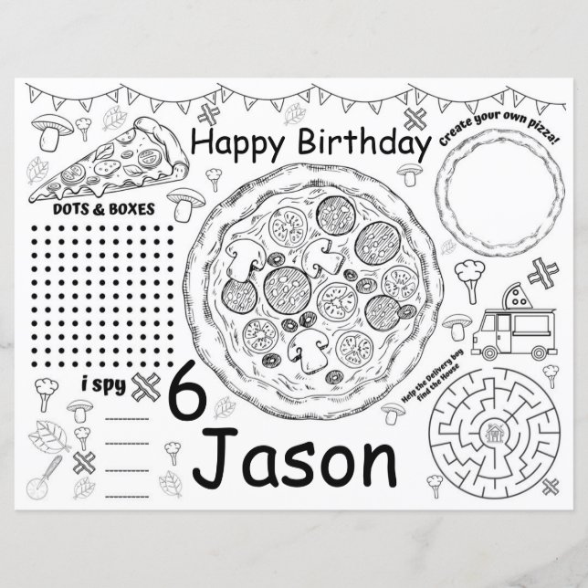 Pizza birthday activity sheet, pizza placemats (Front)