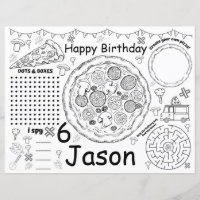 Pizza birthday activity sheet, pizza placemats
