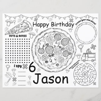 Pizza birthday activity sheet, pizza placemats
