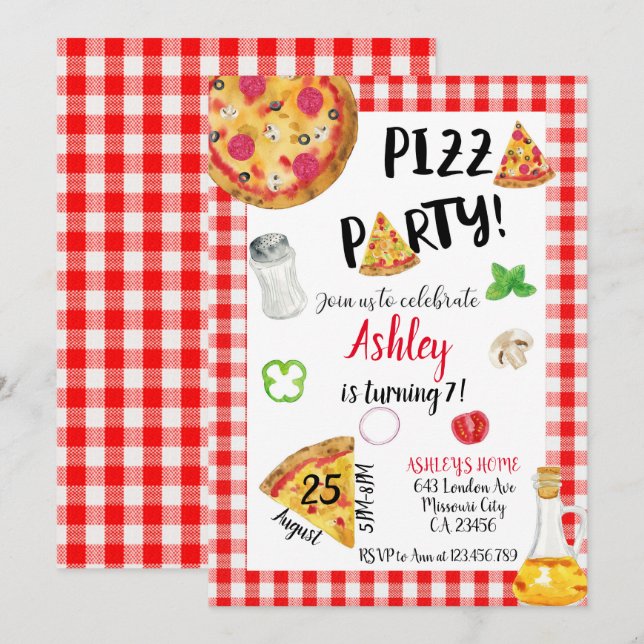 Pizza Birthday Invitation, Pizza Invitation (Front/Back)
