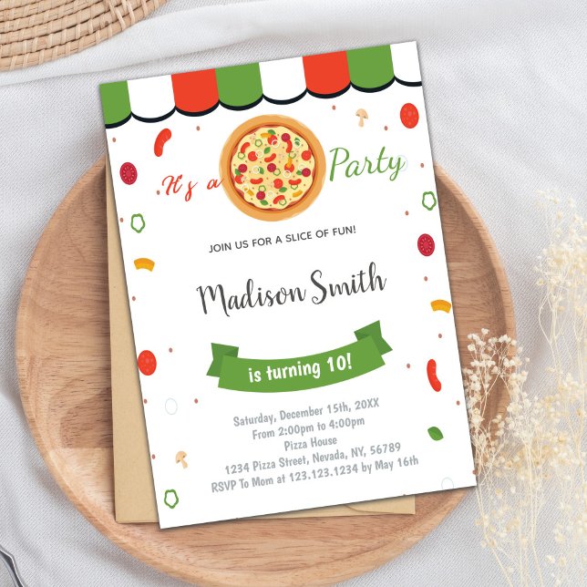 Pizza Birthday Invitation, Pizza Party Invitation (Red Green Pizza Birthday Invitations)