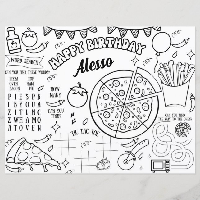 Pizza Birthday Party Colouring Page Placemat (Front)