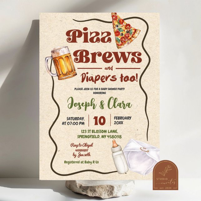 Pizza Brews and Diapers Co-Ed Baby Shower Invitation (Creator Uploaded)