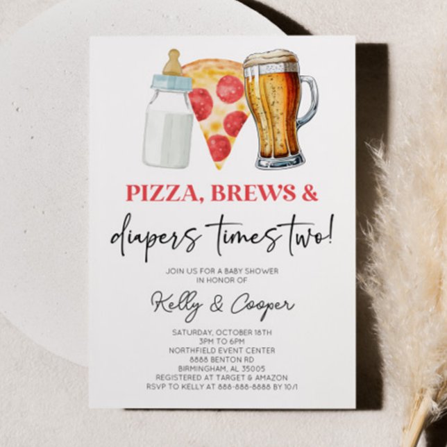 Pizza Brews and Diapers Times Two Twin Baby Shower Invitation (Creator Uploaded)
