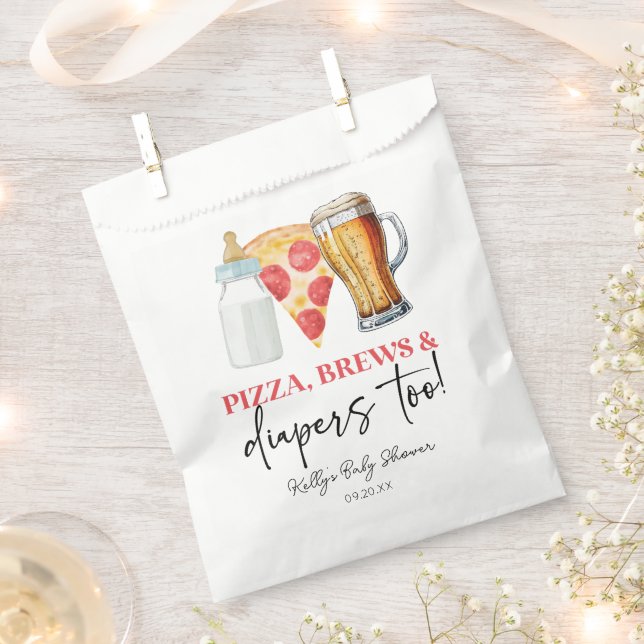 Pizza Brews and Diapers Too! Baby Shower Favour Bags (Clipped)