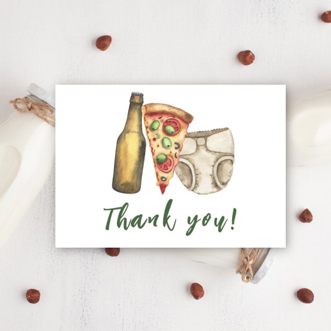 Pizza, Brews and Diapers too Baby shower Thank you Card (Creator Uploaded)