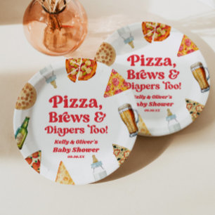 Pizza Brews and Diapers Too Pizza Beer Baby Shower Paper Plate
