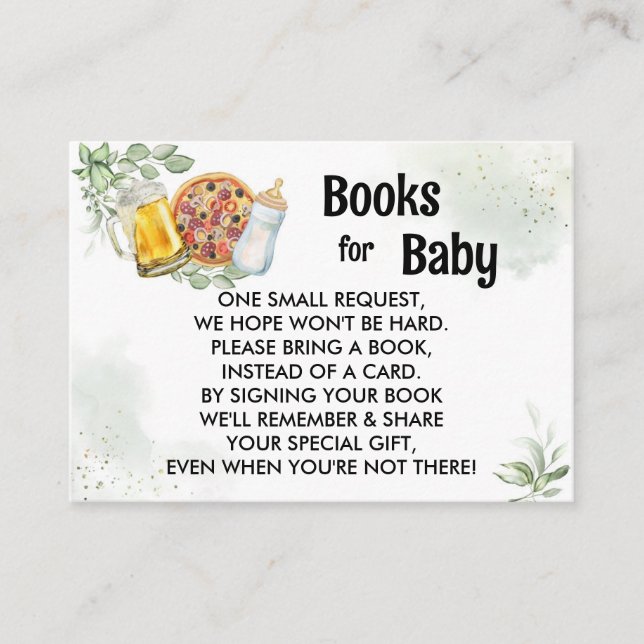 Pizza & Brews Baby Shower Book Request Greenery Enclosure Card (Front)