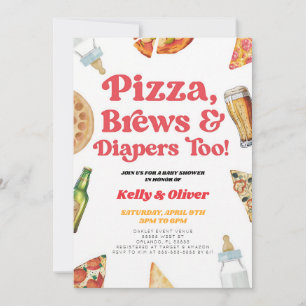 Pizza Brews Diapers Co-Ed Baby Shower Invitation