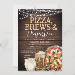 Pizza, Brews & Diapers too, Baby Shower Wood Invitation