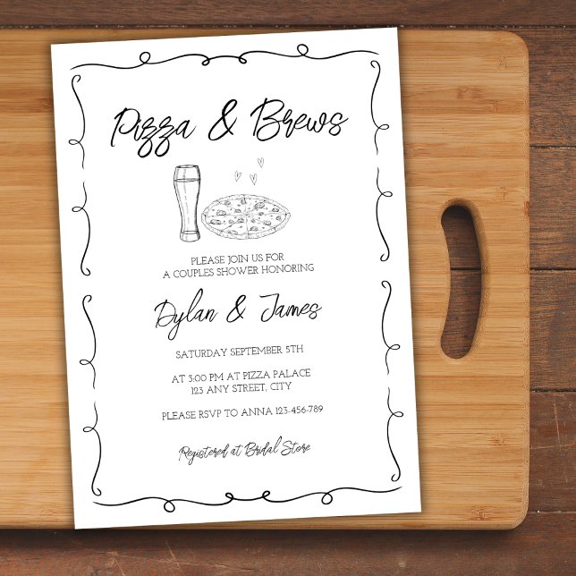 Pizza & Brews Whimsical Hand Drawn Couples Shower Invitation (Pizza & Brews Whimsical Hand Drawn Couples Shower Invitation)