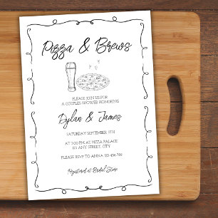 Pizza & Brews Whimsical Hand Drawn Couples Shower Invitation