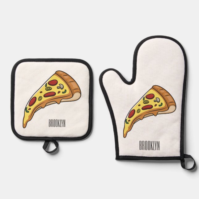Pizza cartoon illustration  oven mitt & pot holder set (Front)