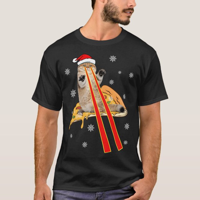 Pizza Cat With Laser Eyes Funny Cat Christmas Pizz T-Shirt (Front)