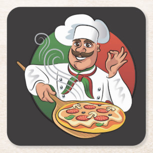 Pizza Chef Sketch Square Paper Coaster