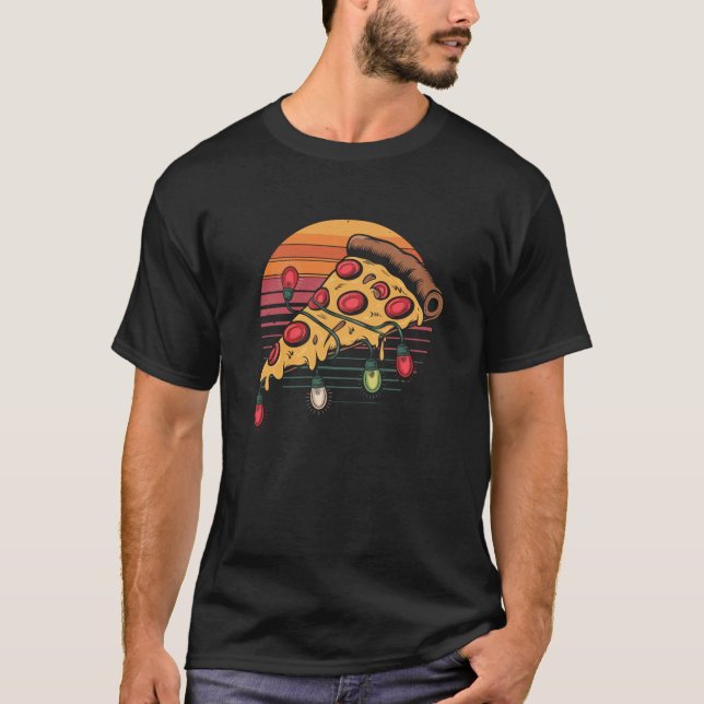 Pizza Christmas Lights Retro Sunset Xmas Fast Food T-Shirt (Front)