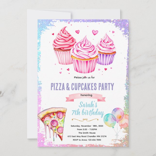 Pizza cupcake girl theme invite (Front)