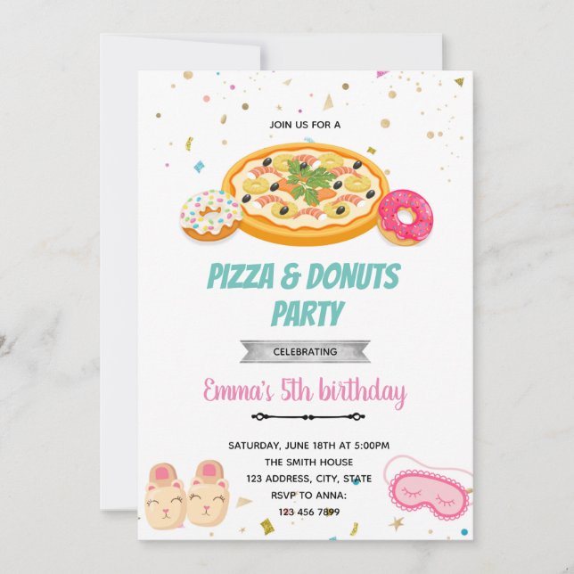 Pizza doughnuts girl slumber invitation (Front)