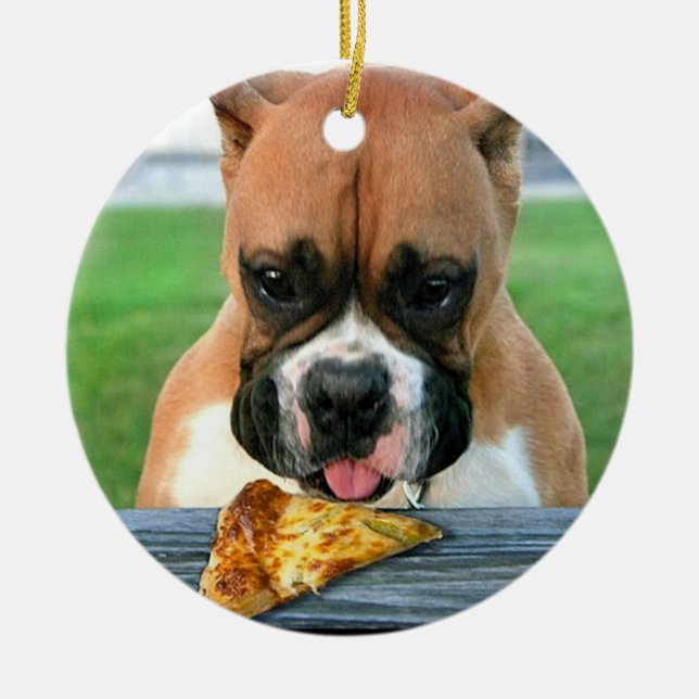 Pizza eating boxer dog ornament (Front)