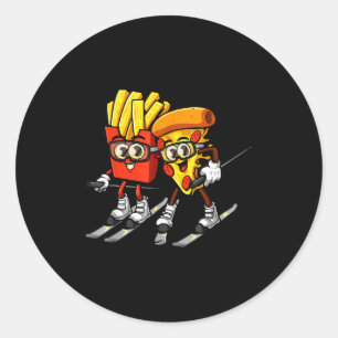 Pizza french fries ski funny skiier fast food classic round sticker