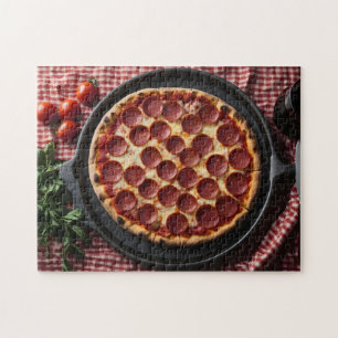 Pizza in pan onto of table jigsaw puzzle