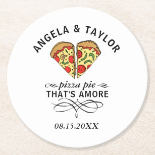 Pizza Love Trendy Wedding Monogram Date Round Paper Coaster
