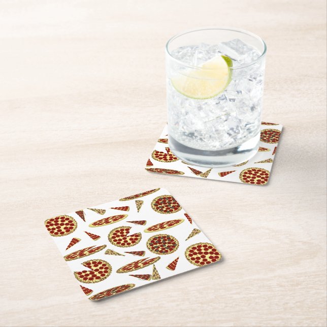 Pizza Lover's Pattern Square Paper Coaster (Insitu)