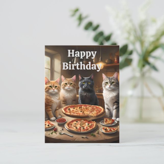 Pizza Loving Cats, Birthday Postcard (Standing Front)