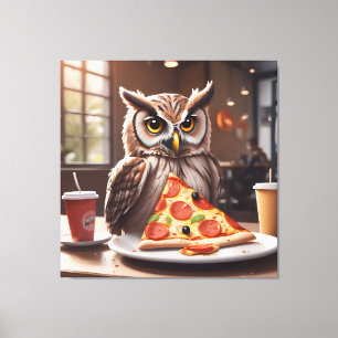 Pizza-Loving Owl in Cafe Canvas Print