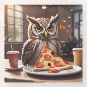 Pizza-Loving Owl in Cafe Glass Coaster