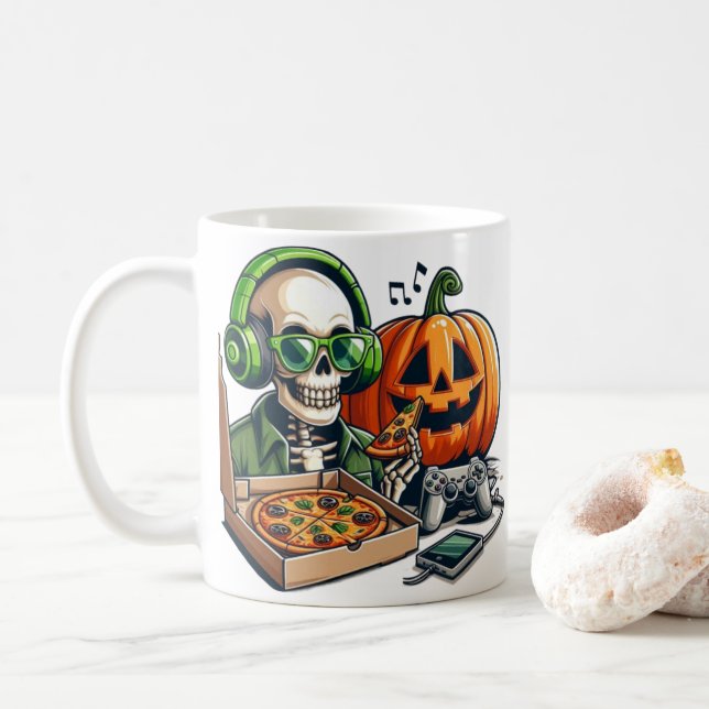 Pizza-Loving Skeleton: Gaming, Cheese Overload Coffee Mug (With Donut)