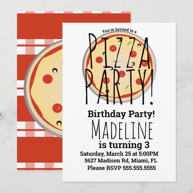 Pizza Mix Birthday Party Foodie Red Plaid Invitation (Front/Back)