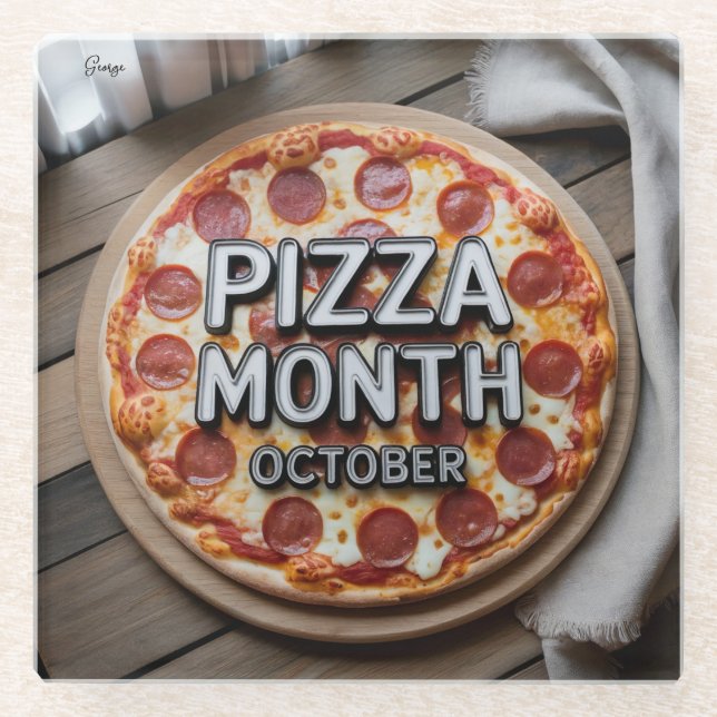 Pizza Month October Glass Coaster  (Front)