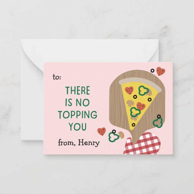 Pizza My Heart classroom valentine Pink Note Card (Front)