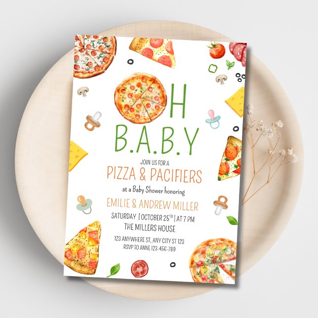 Pizza & Pacifiers Baby Shower, Pizza Baby Shower Invitation (Creator Uploaded)