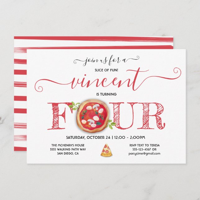 Pizza Party 4TH Birthday Modern Invitation (Front/Back)