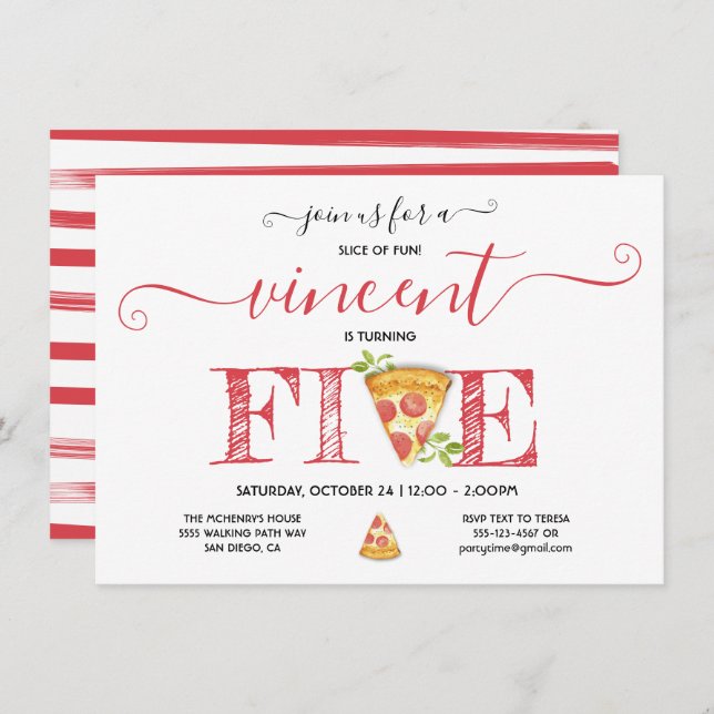 Pizza Party 5TH Birthday Modern Invitation (Front/Back)
