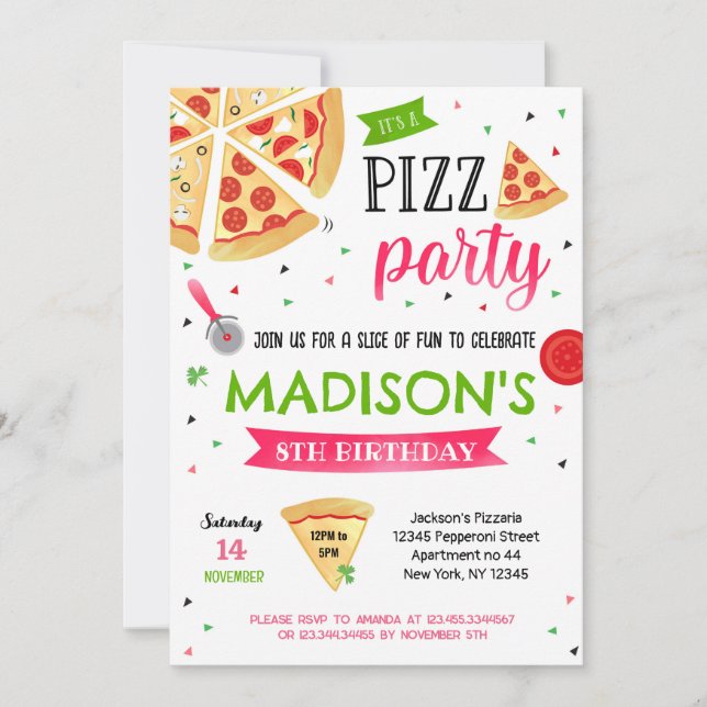 Pizza Party Birthday Invitations for girl (Front)