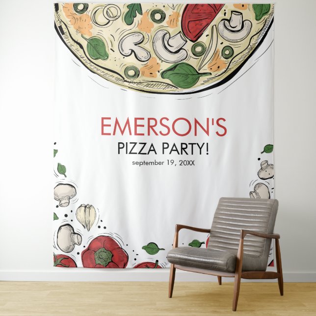 Pizza Party Birthday Photo Backdrop Tapestry (In Situ)