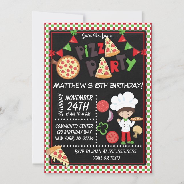 Pizza Party Brown Hair Boy Kids Birthday Party Invitation (Front)
