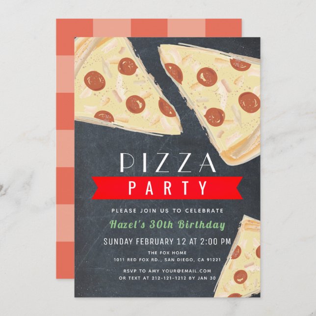 Pizza Party Chalkboard Red Gingham Adult Birthday Invitation (Front/Back)