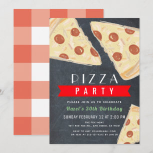 Pizza Party Chalkboard Red Gingham Adult Birthday Invitation