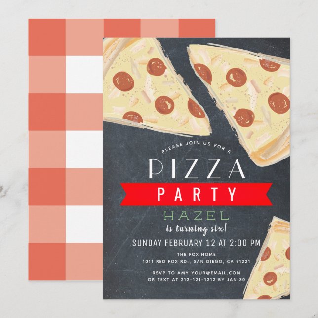 Pizza Party Chalkboard Red Gingham Birthday Invitation (Front/Back)