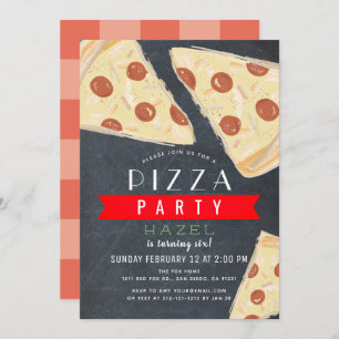 Pizza Party Chalkboard Red Gingham Birthday Invitation