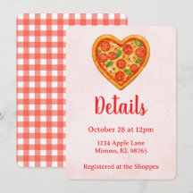 Pizza Party Details Card | Heart Pizza Red Chequer