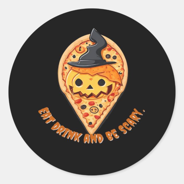 Pizza Party Halloween Pumpkin Witch Hat Essential Classic Round Sticker (Front)