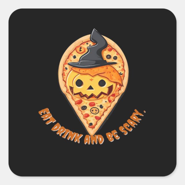 Pizza Party Halloween Pumpkin Witch Hat Essential Square Sticker (Front)