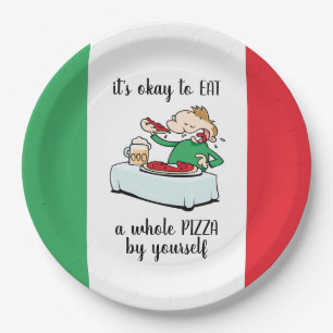 Pizza Party In Italian Colors, Text And Cartoon Paper Plate