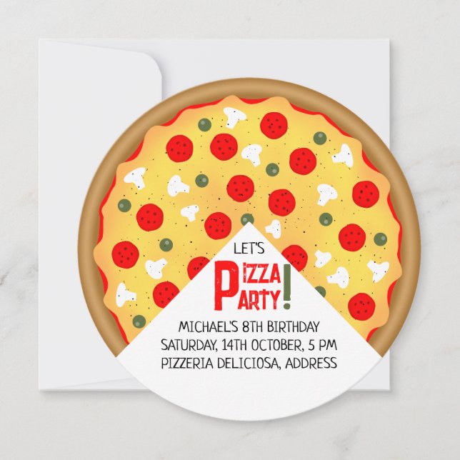 Pizza party kids birthday invitation (Front)